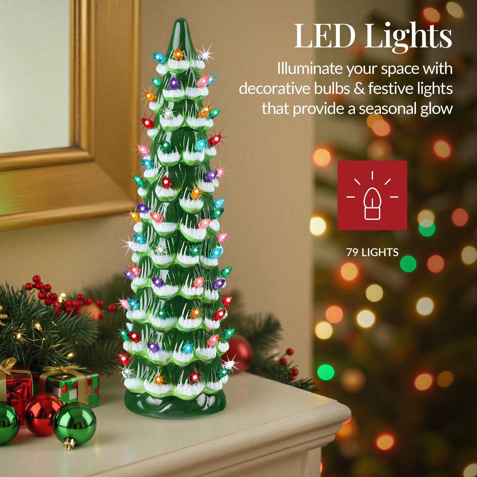 15in Ceramic Christmas Tree, Hand-Painted Holiday Decor w/ LED Lights