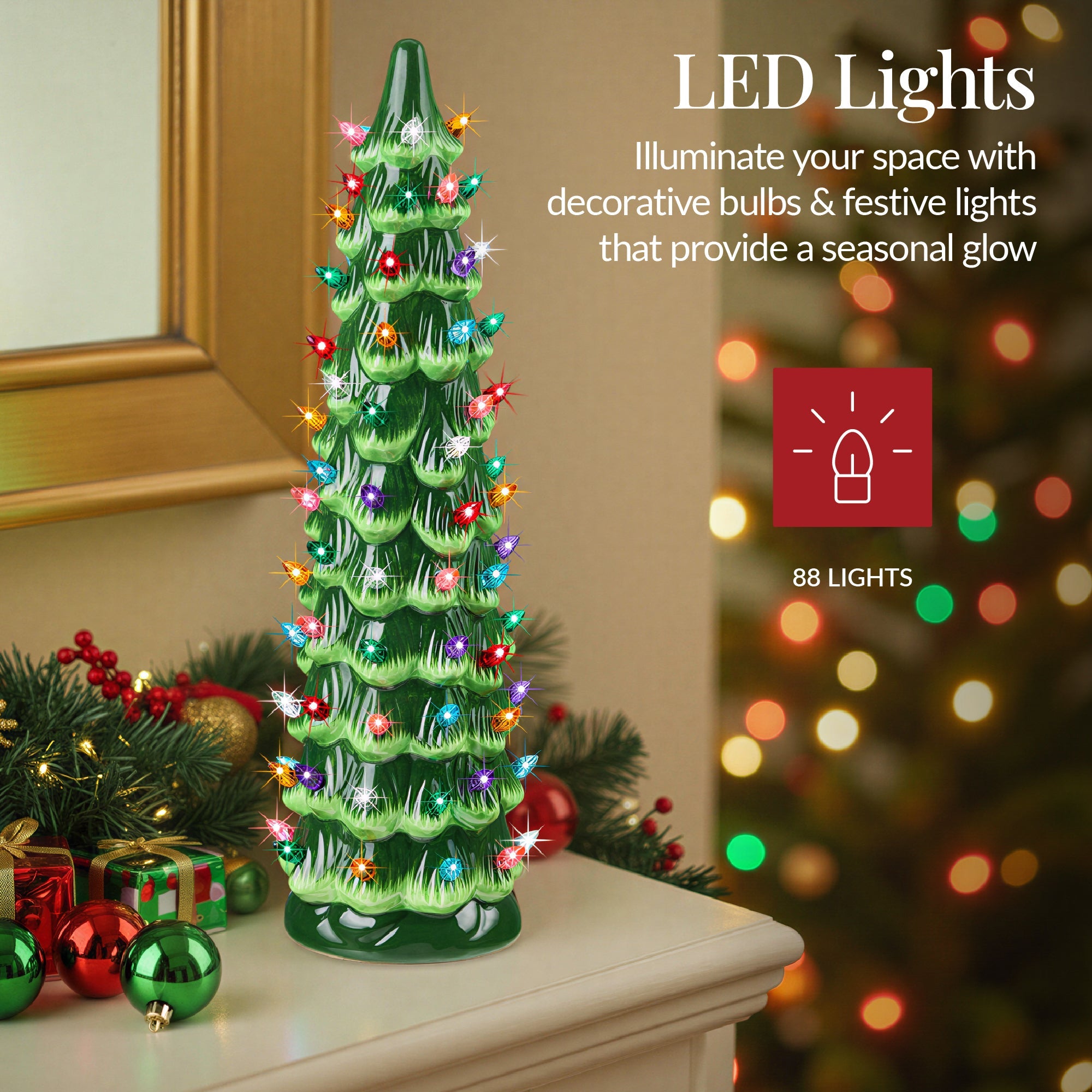 18in Ceramic Christmas Tree, Hand-Painted Holiday Decor w/ LED Lights