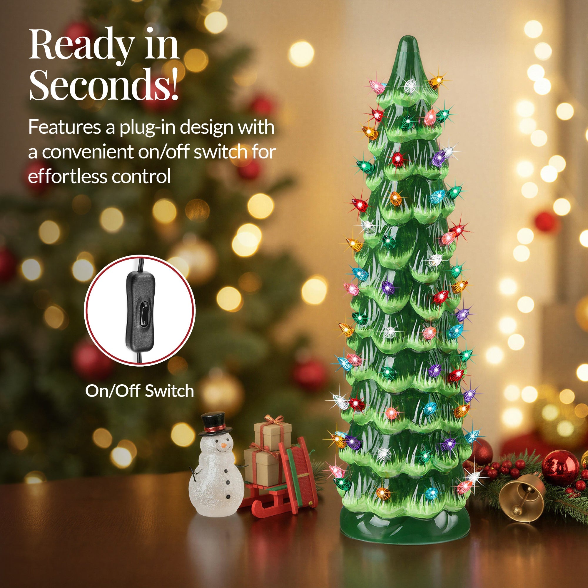 18in Ceramic Christmas Tree, Hand-Painted Holiday Decor w/ LED Lights