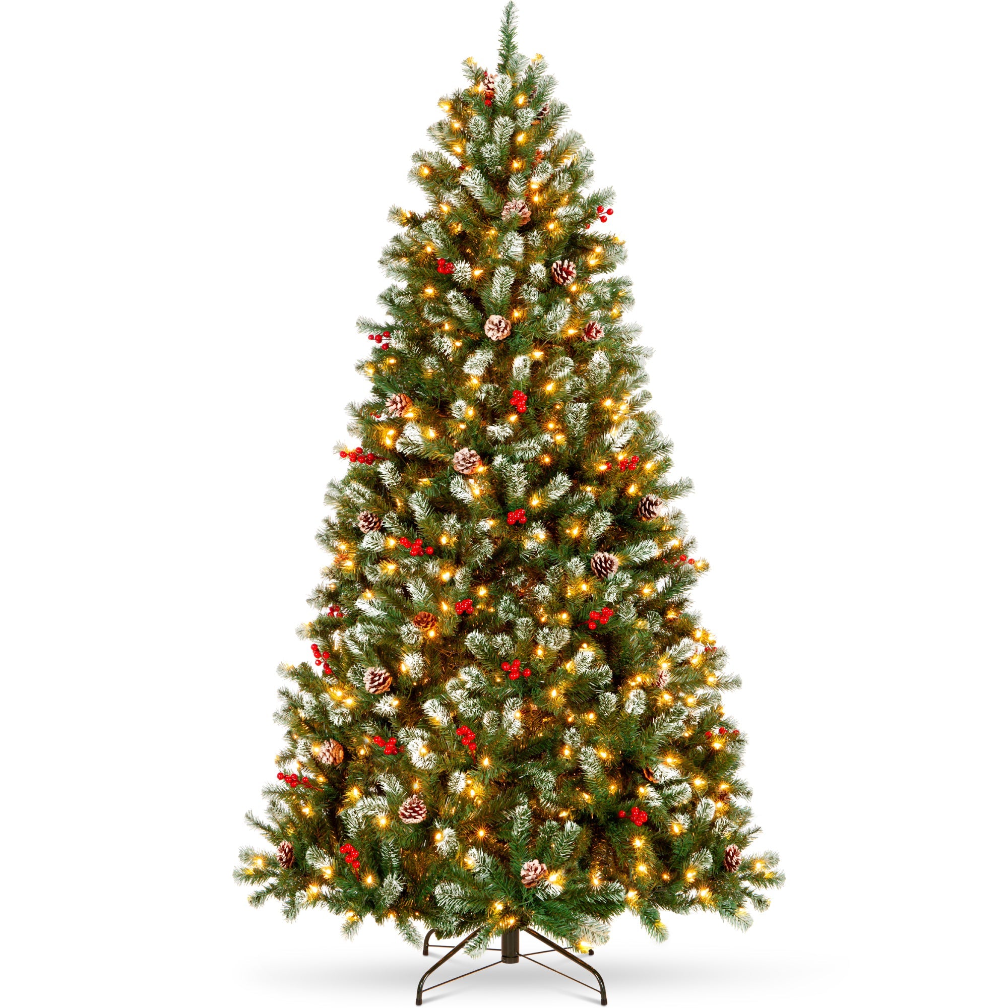 Pre-Lit Frosted Spruce Christmas Tree, w/ Pinecones, Berries, Metal Base
