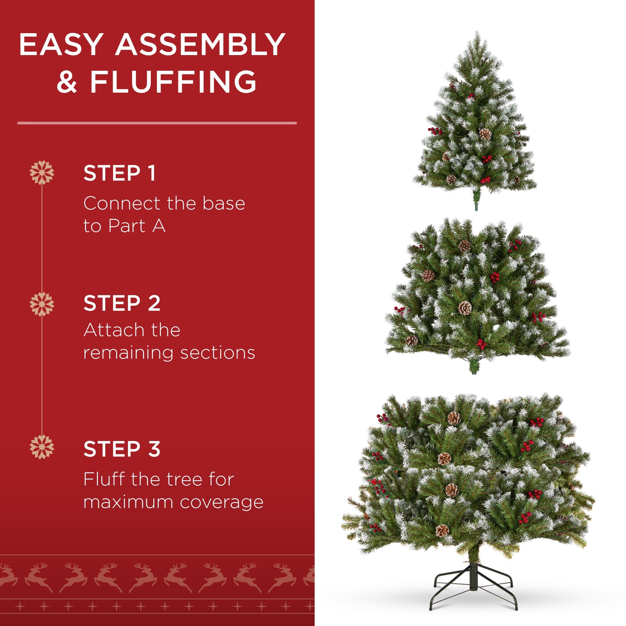 Pre-Lit Frosted Spruce Christmas Tree, w/ Pinecones, Berries, Metal Base