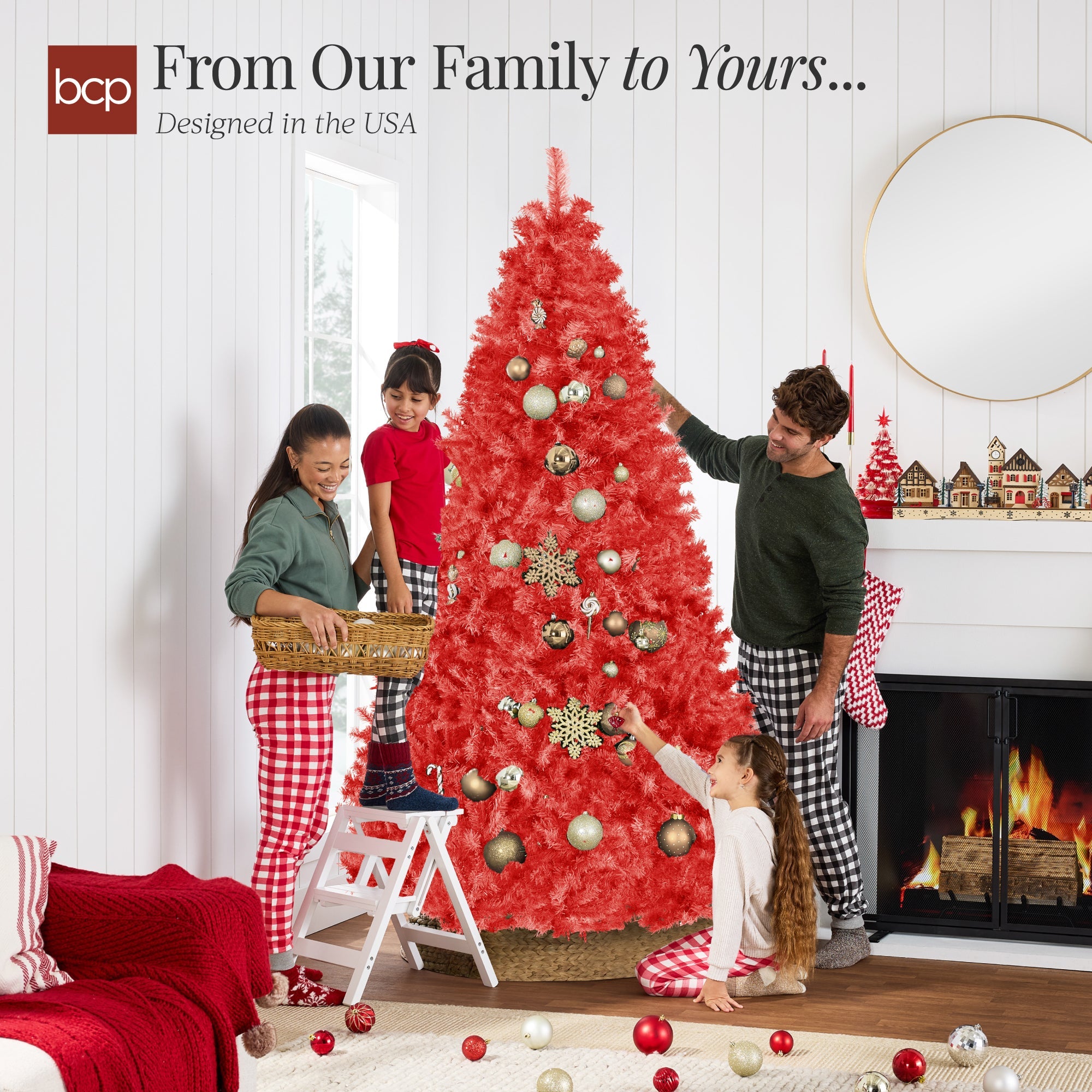 Artificial Red Christmas Tree, Unlit Pine Design w/Easy Assembly