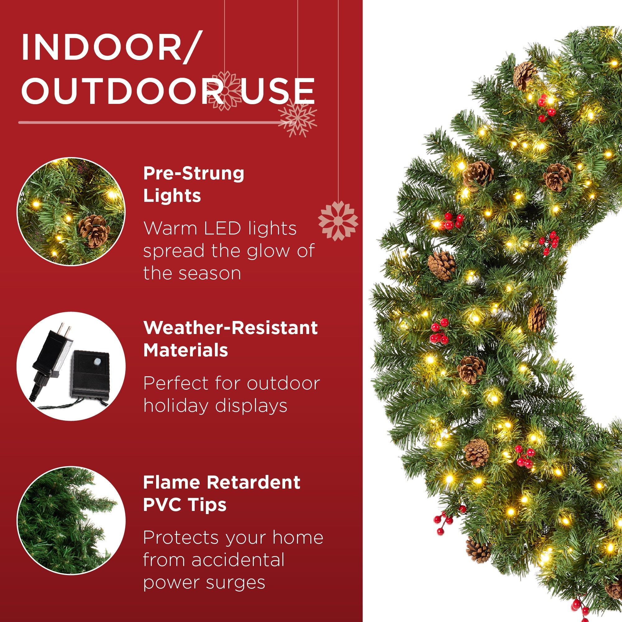 Pre-Lit Artificial Christmas Wreath w/Berries & Pinecones, Lights