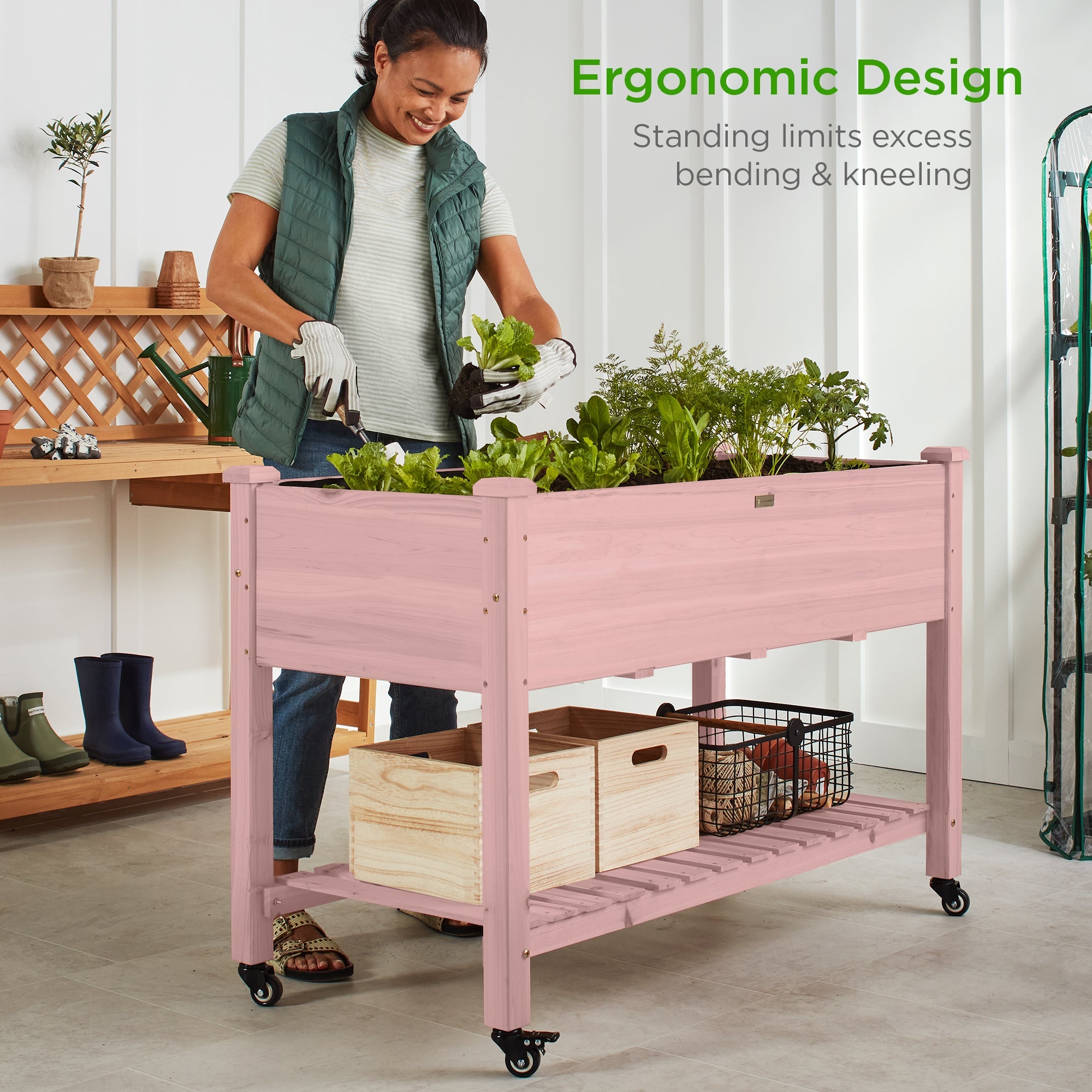 Mobile Raised Garden Bed Elevated Planter w/ Wheels, Shelf - 48x24x32in
