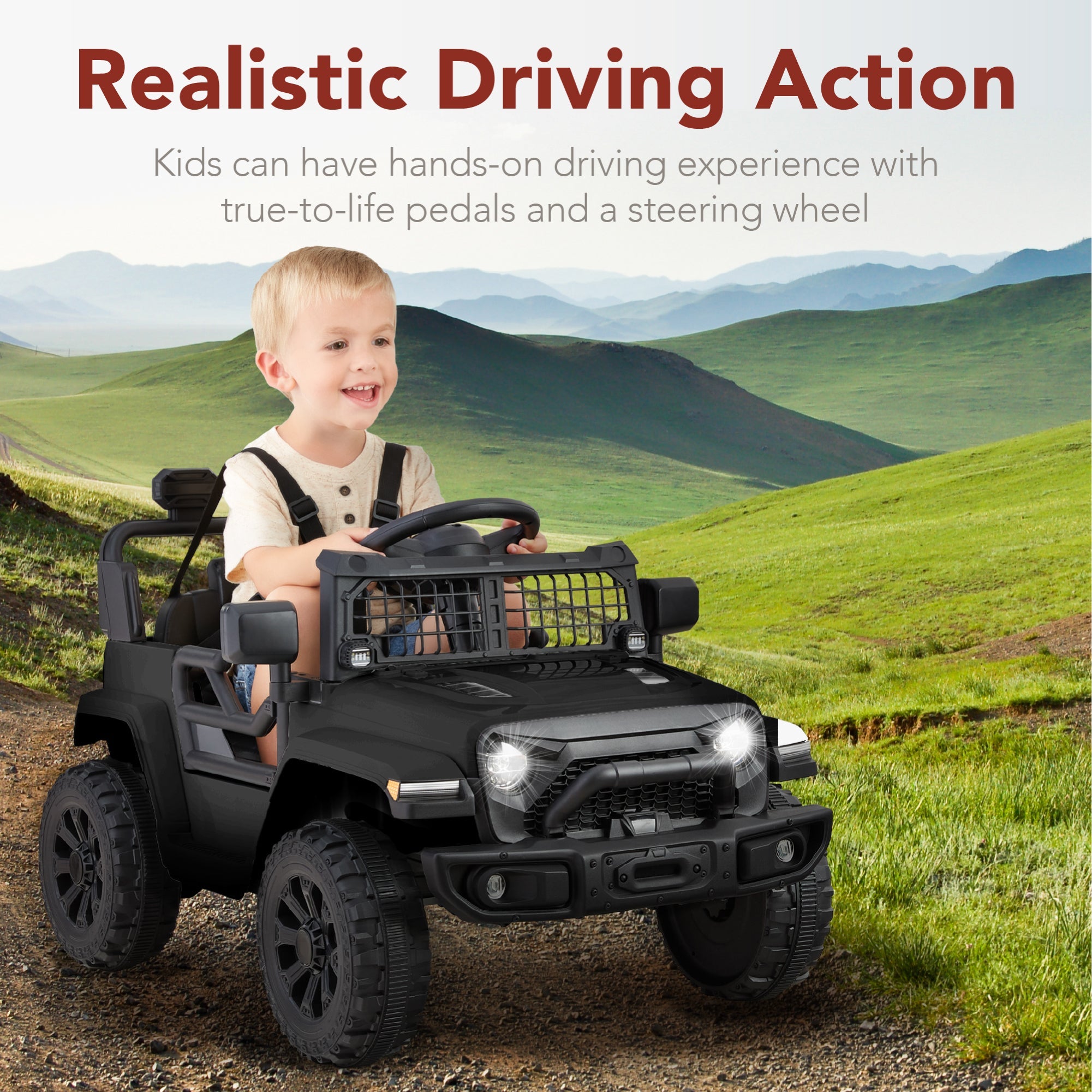 12V Kids Ride On Truck w/ Remote Control for Toddlers 3-5,  Safety Harness
