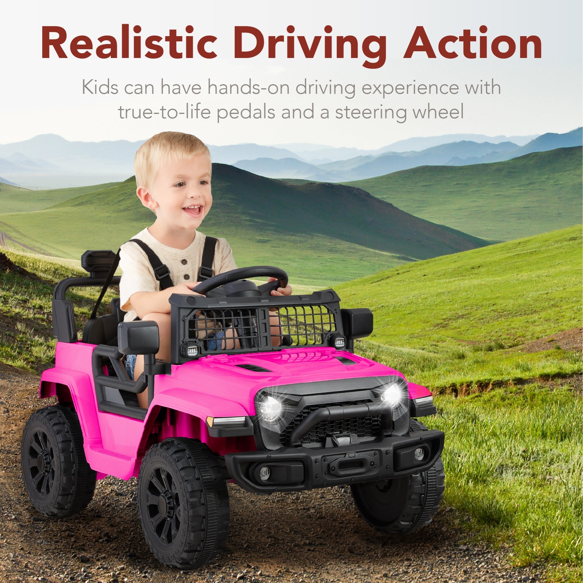 12V Kids Ride On Truck w/ Remote Control for Toddlers 3-5,  Safety Harness