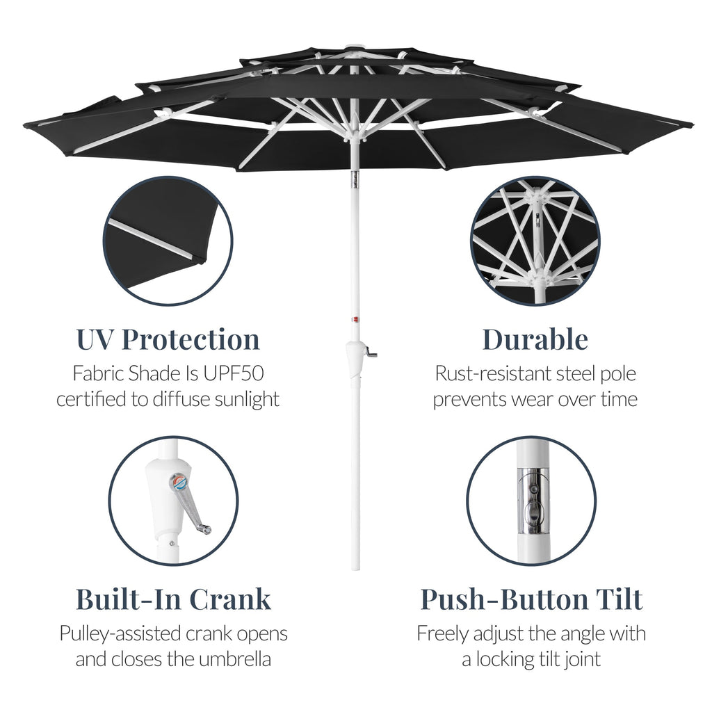 10ft 3-Tier Patio Market Umbrella White Pole, Push Button Tilt, Crank Lift