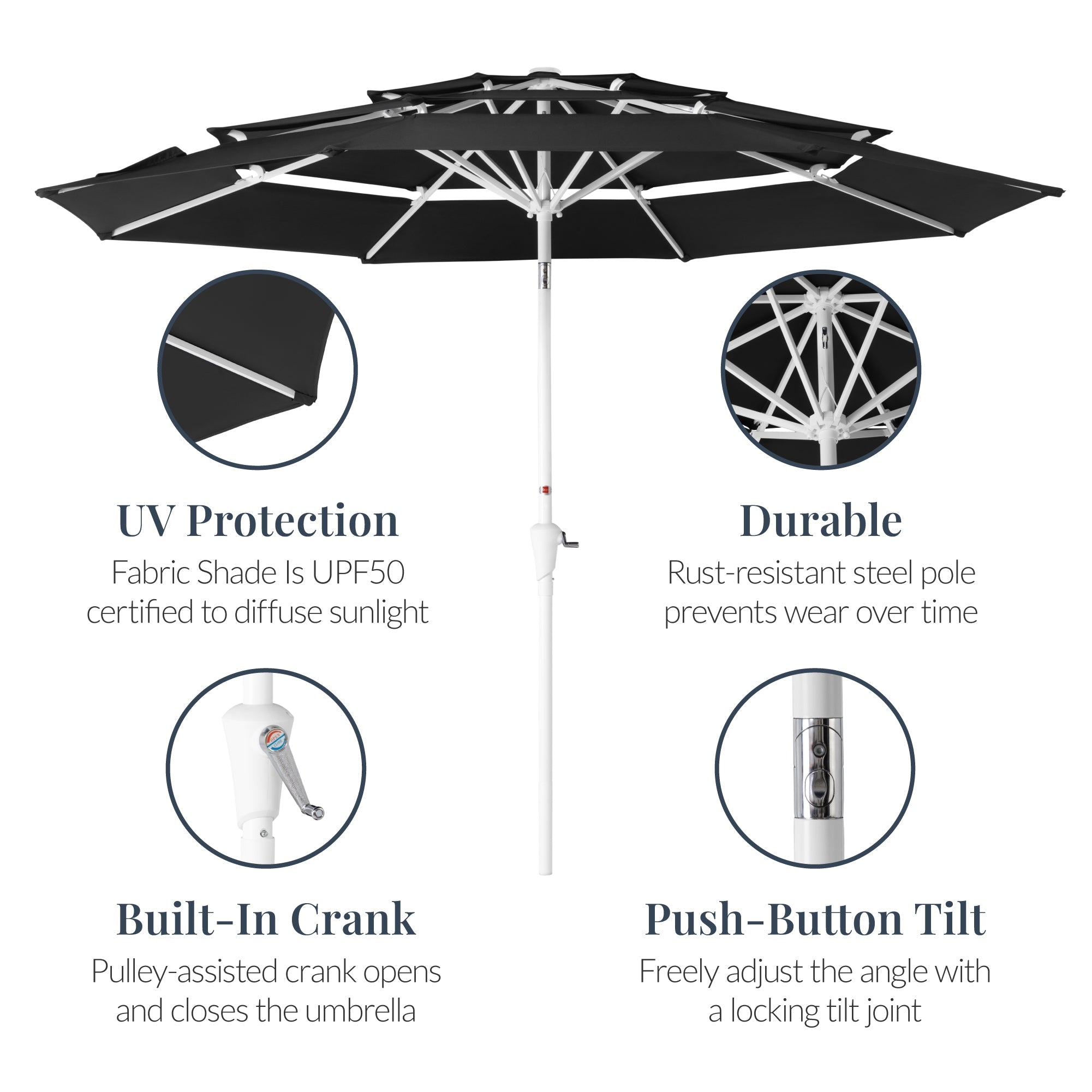 10ft 3-Tier Patio Market Umbrella White Pole, Push Button Tilt, Crank Lift