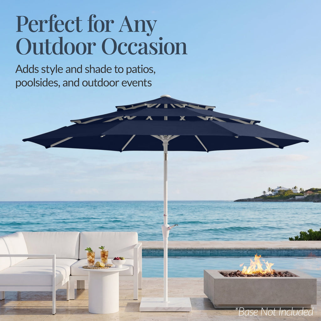 10ft 3-Tier Patio Market Umbrella White Pole, Push Button Tilt, Crank Lift