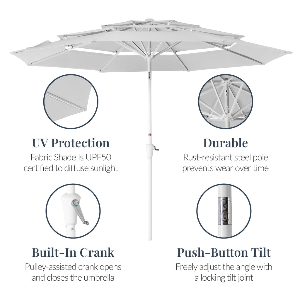 10ft 3-Tier Patio Market Umbrella White Pole, Push Button Tilt, Crank Lift