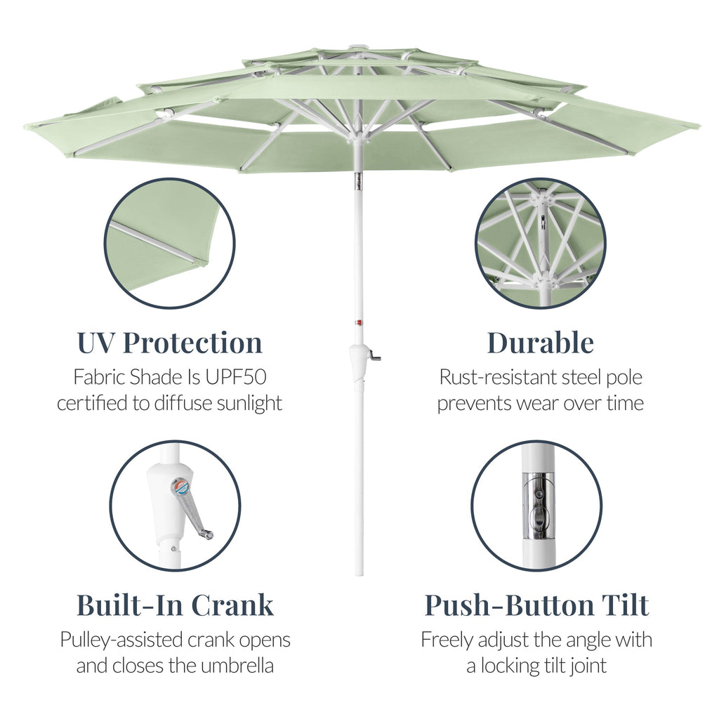 10ft 3-Tier Patio Market Umbrella White Pole, Push Button Tilt, Crank Lift