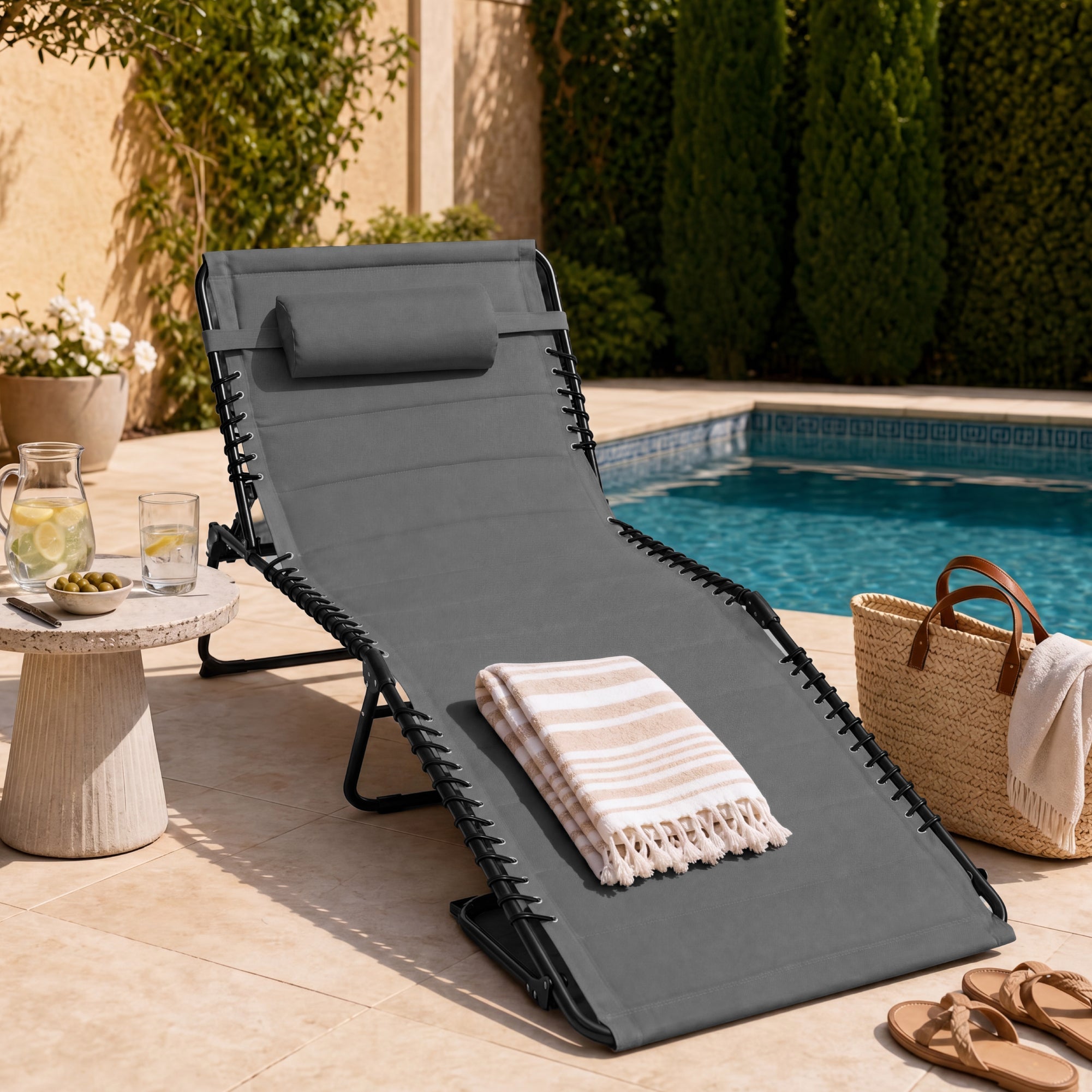 Extra Wide Padded Patio Chaise Lounge Chair, Portable Recliner 8 Positions