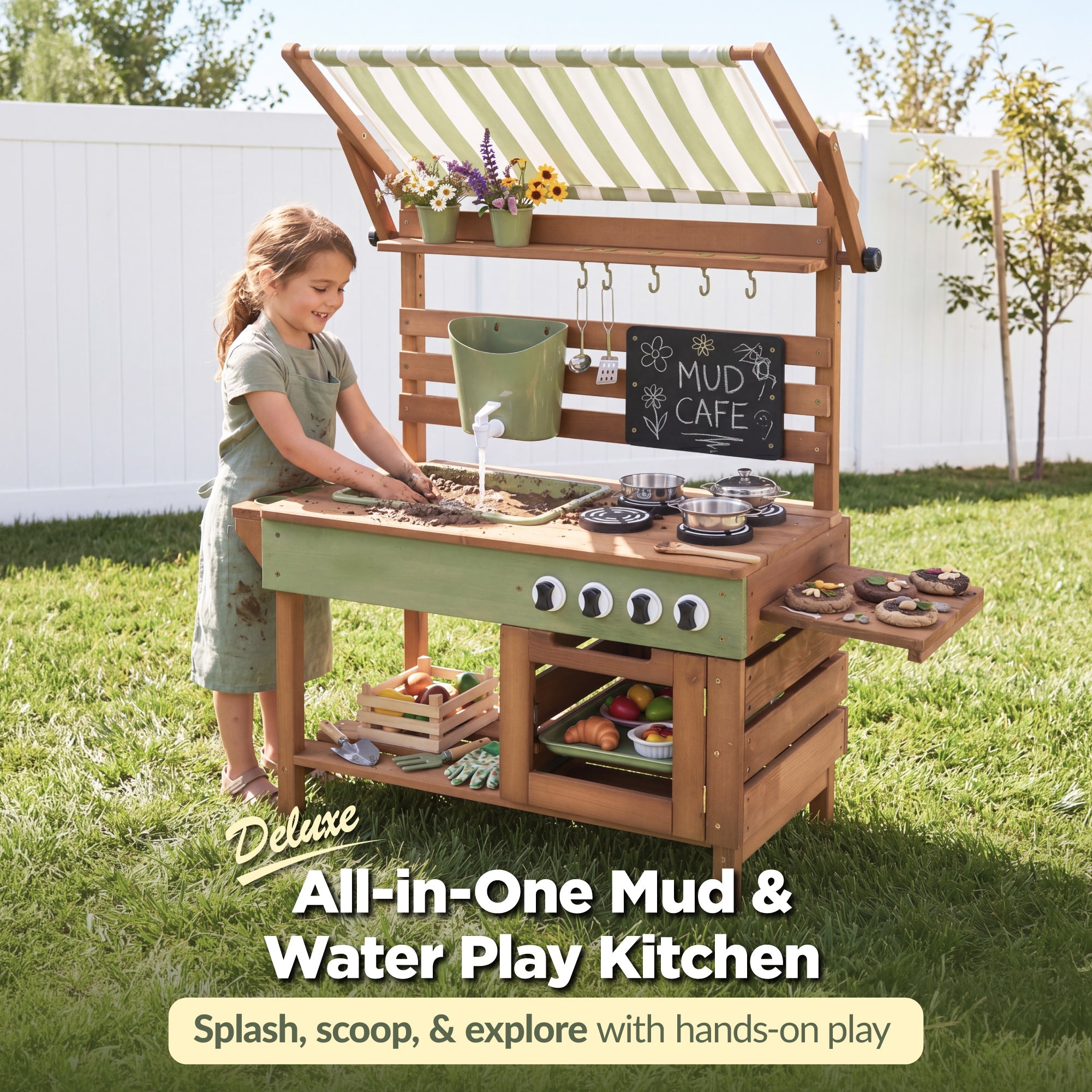 Deluxe Wooden Outdoor Mud Kitchen w/ Canopy, Sink, Faucet & 14pc Accessories