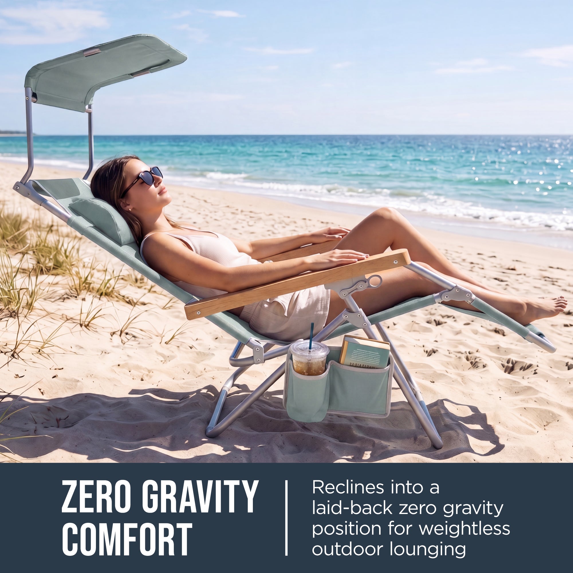 Zero Gravity Beach Chair with Adjustable Canopy and Carry Straps
