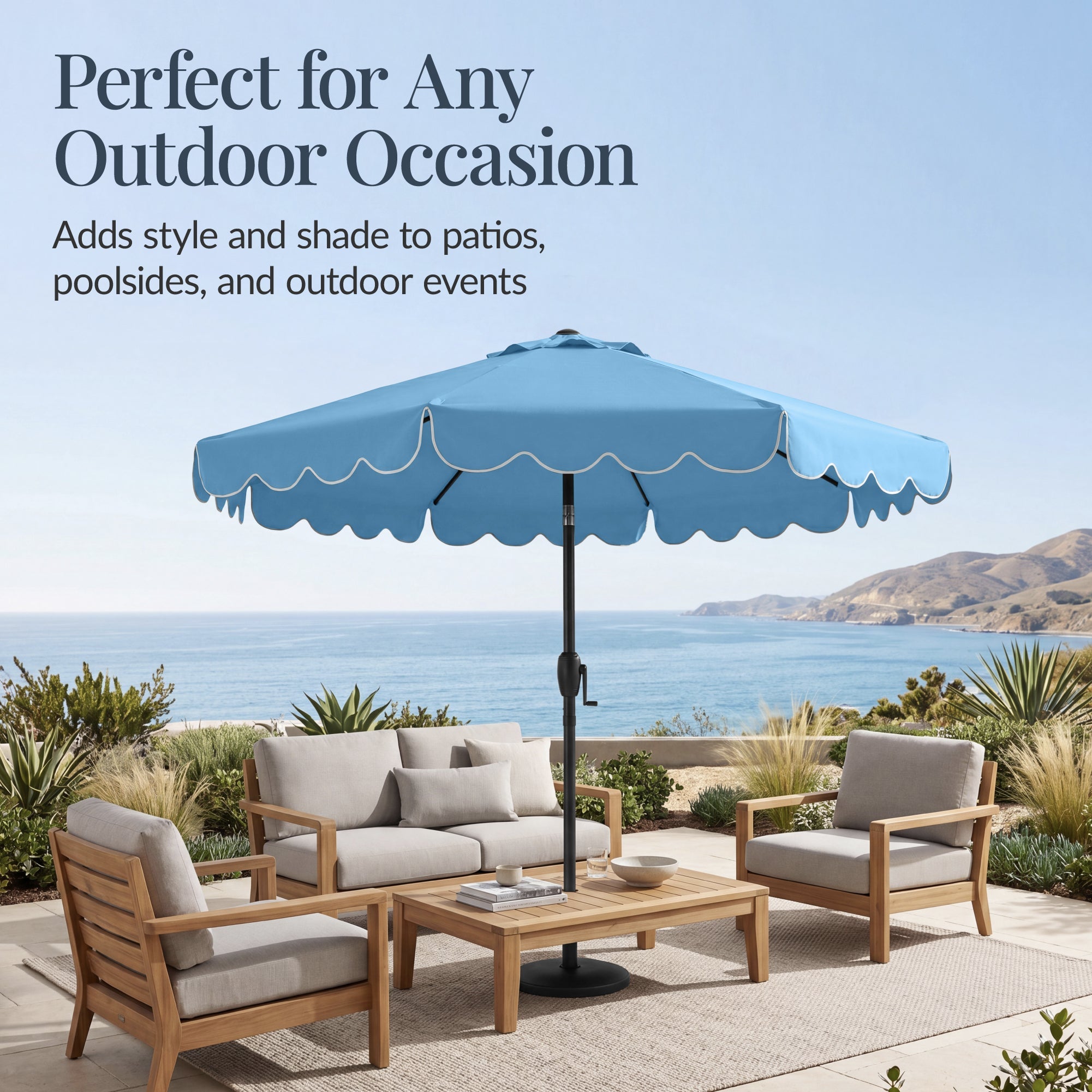 9ft Patio Market Umbrella, Scallop Trim, UV-Fade-Resistant, Crank & Tilt