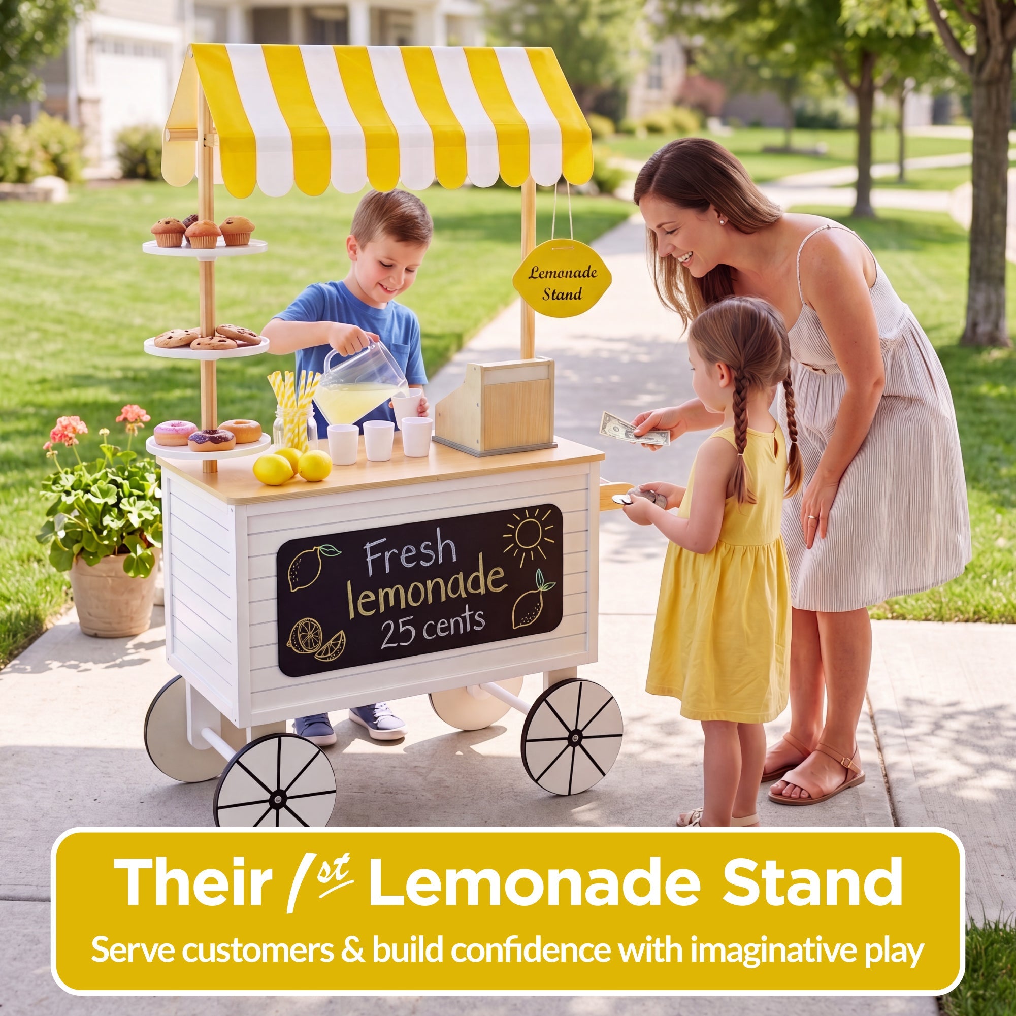 Kids Outdoor Lemonade Stand Play Kitchen w/ Canopy, Chalkboard, Wheels, 8Pcs