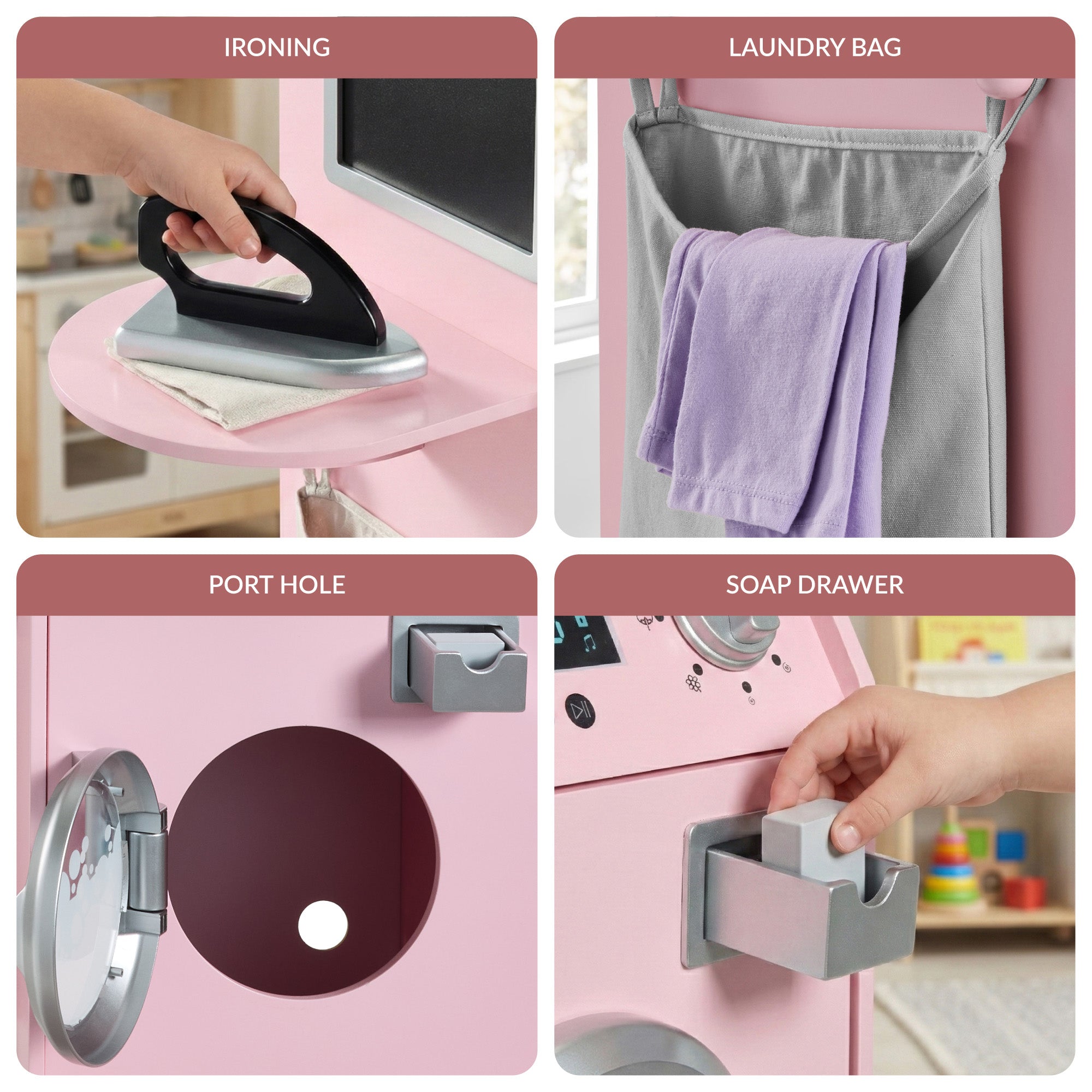 Pretend Play Kids Wooden Washer & Dryer Set w/ Laundry Accessories