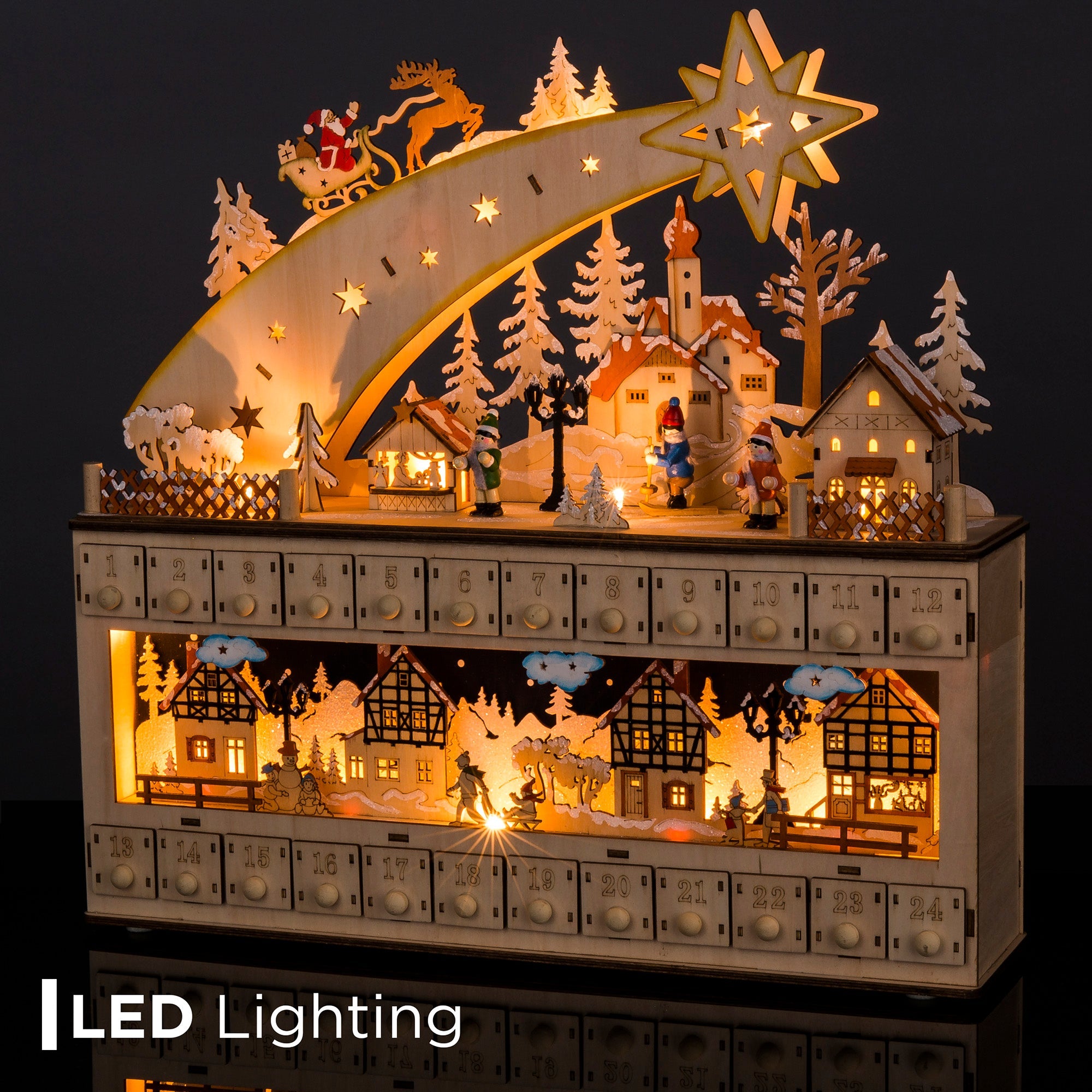 Wooden Christmas Shooting Star Advent Calendar w/ LED Light Background