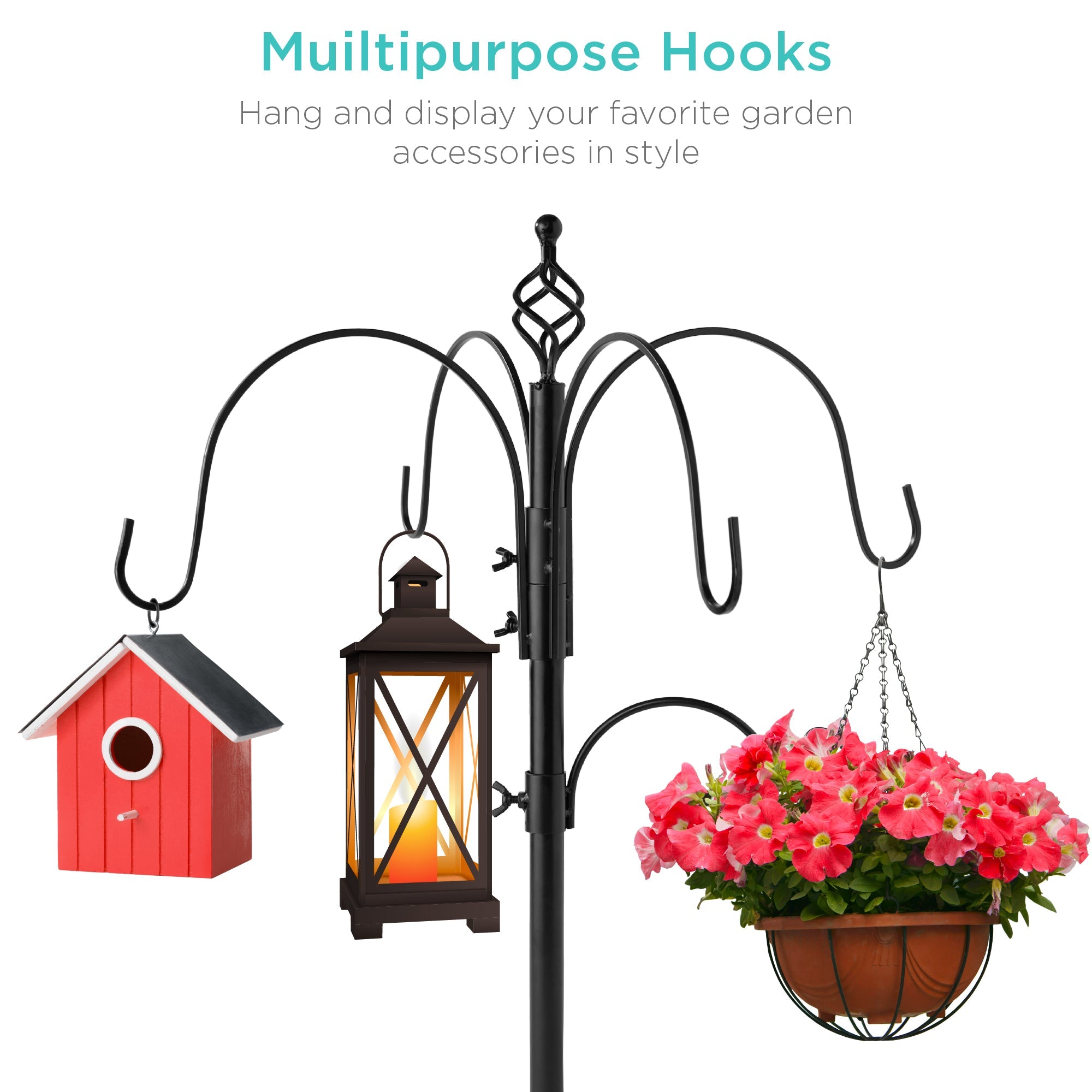 Bird Feeding Station, 6-Hook Steel Multi-Feeder Stand w/ 4 Feeders - 89in
