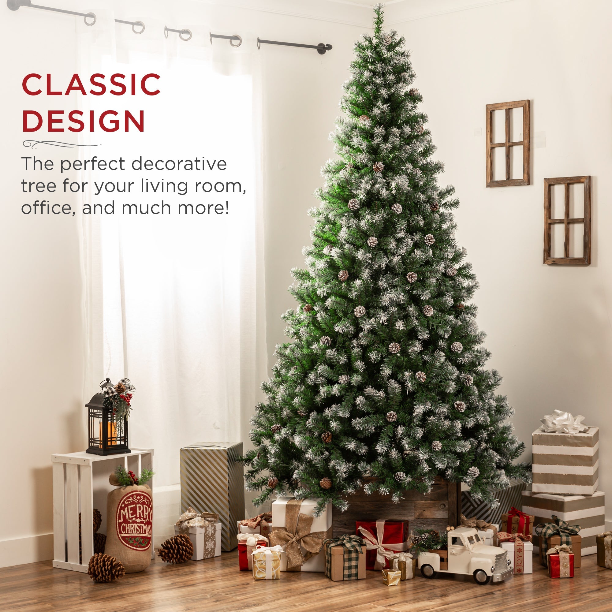 Pre-Decorated Christmas Tree w/ Pinecones, Flocked Branch Tips