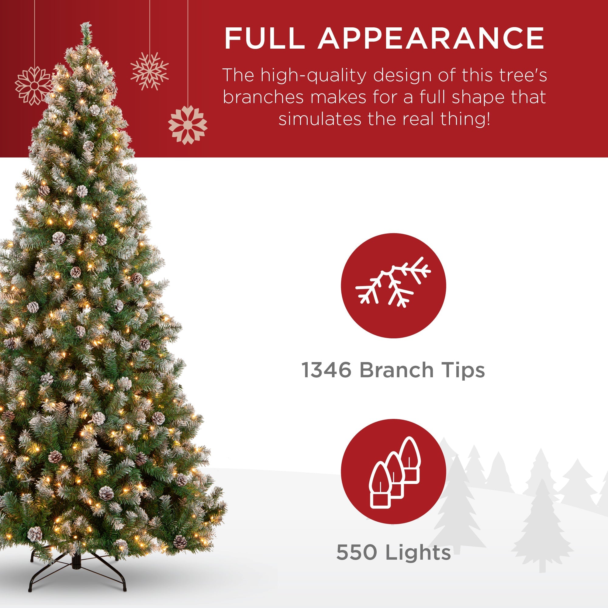 Pre-Lit Pre-Decorated Christmas Tree w/ Flocked Tips, Pinecones