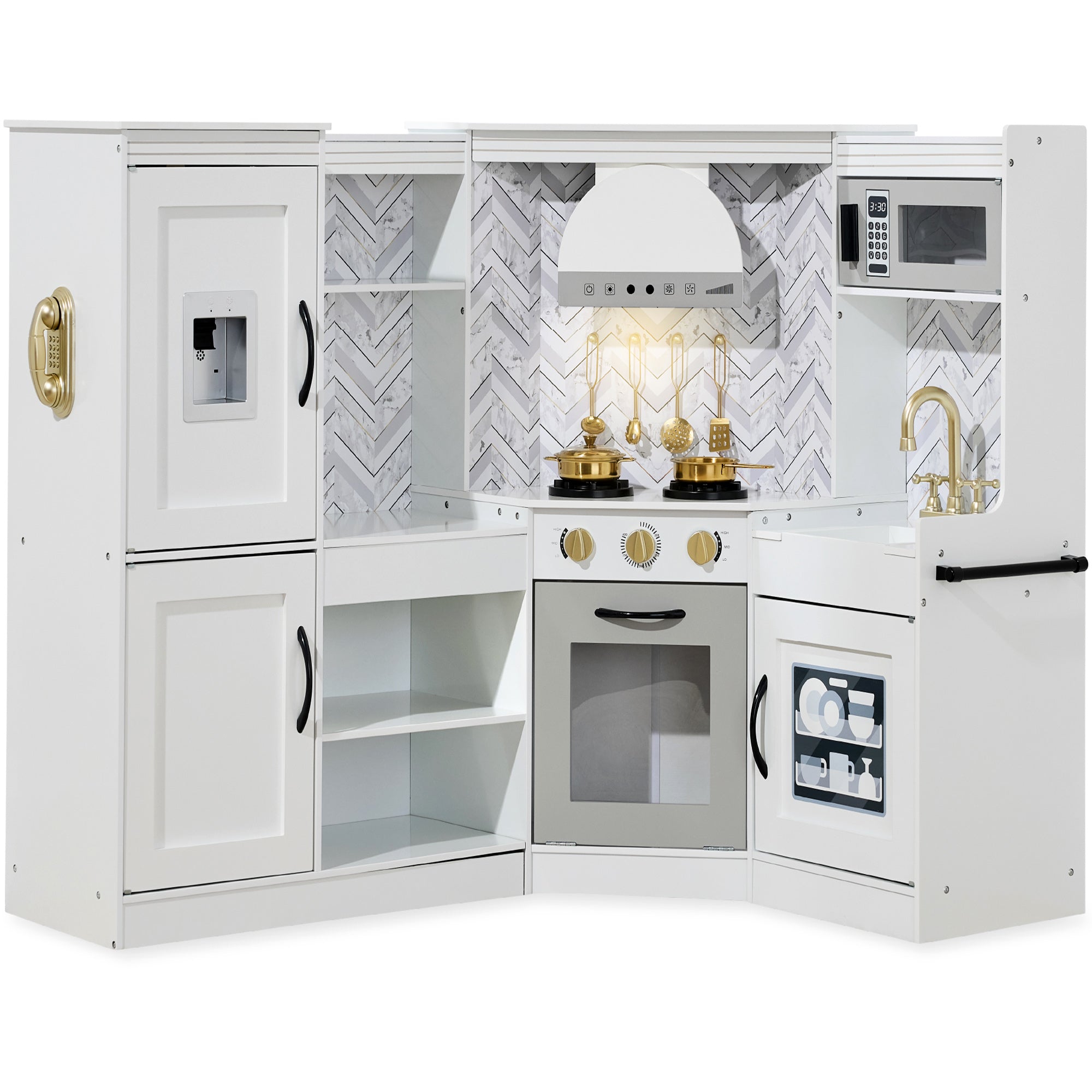 Pretend Play Corner Kitchen Wooden Toy Set for Kids w/ Lights, Sounds