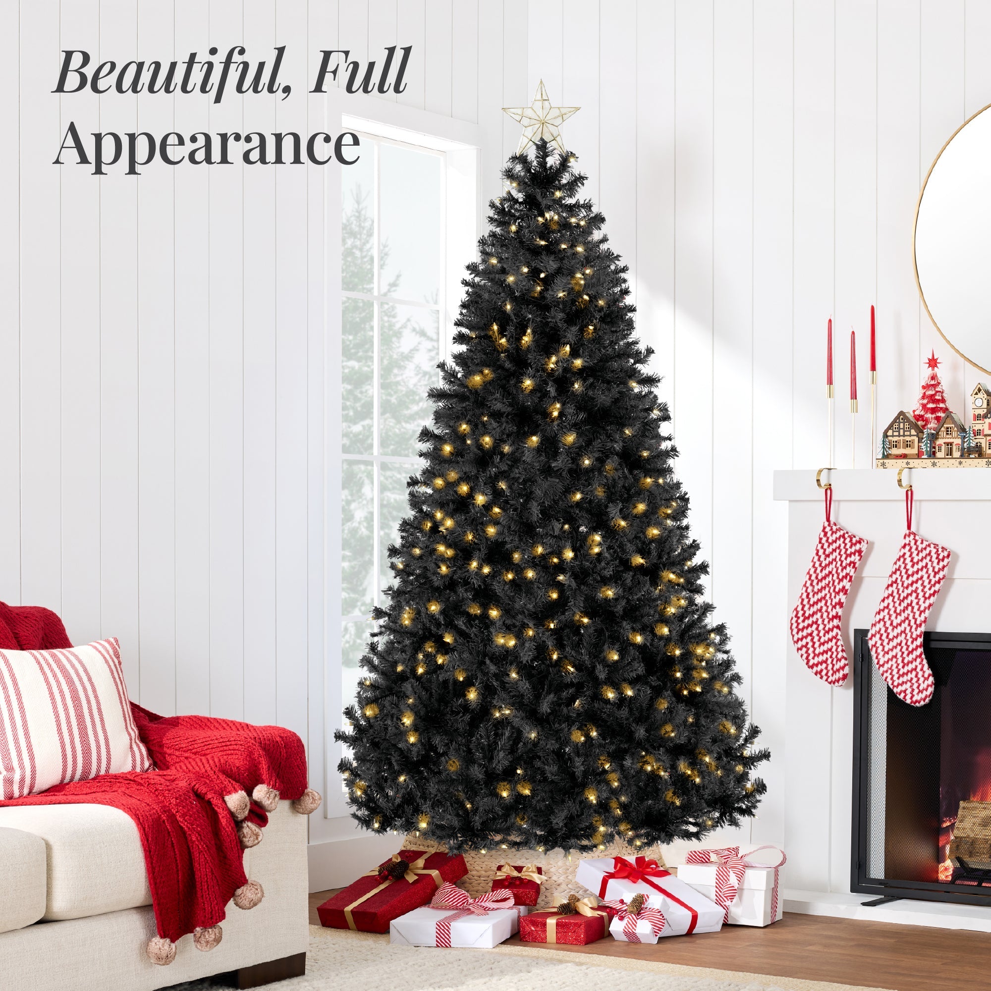 Pre-Lit Artificial Black Christmas Tree w/ Incandescent Lights, Metal Stand