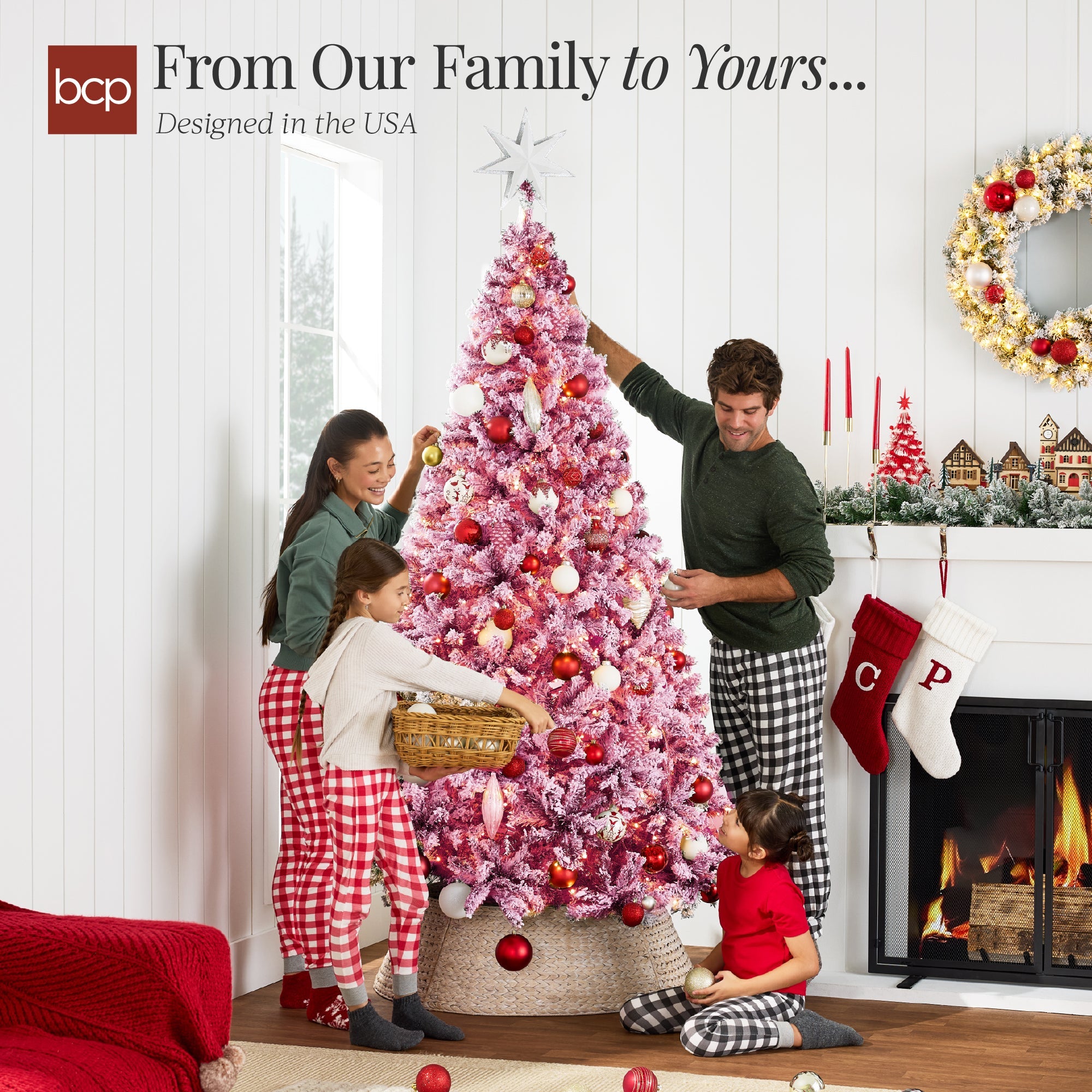 Prelit Pink Christmas Tree, Snow Flocked Full Holiday Decor w/ Metal Base