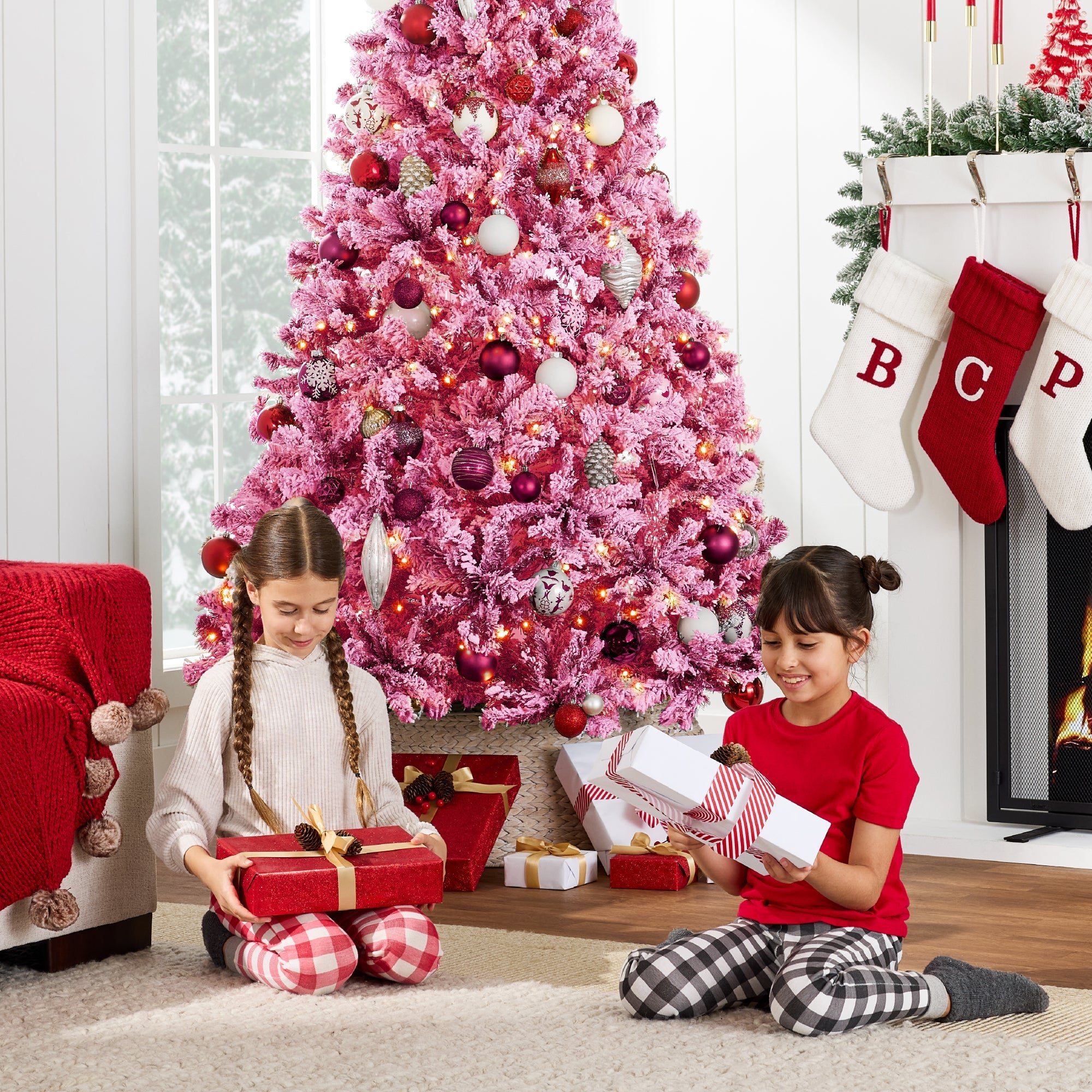 Prelit Pink Christmas Tree, Snow Flocked Full Holiday Decor w/ Metal Base