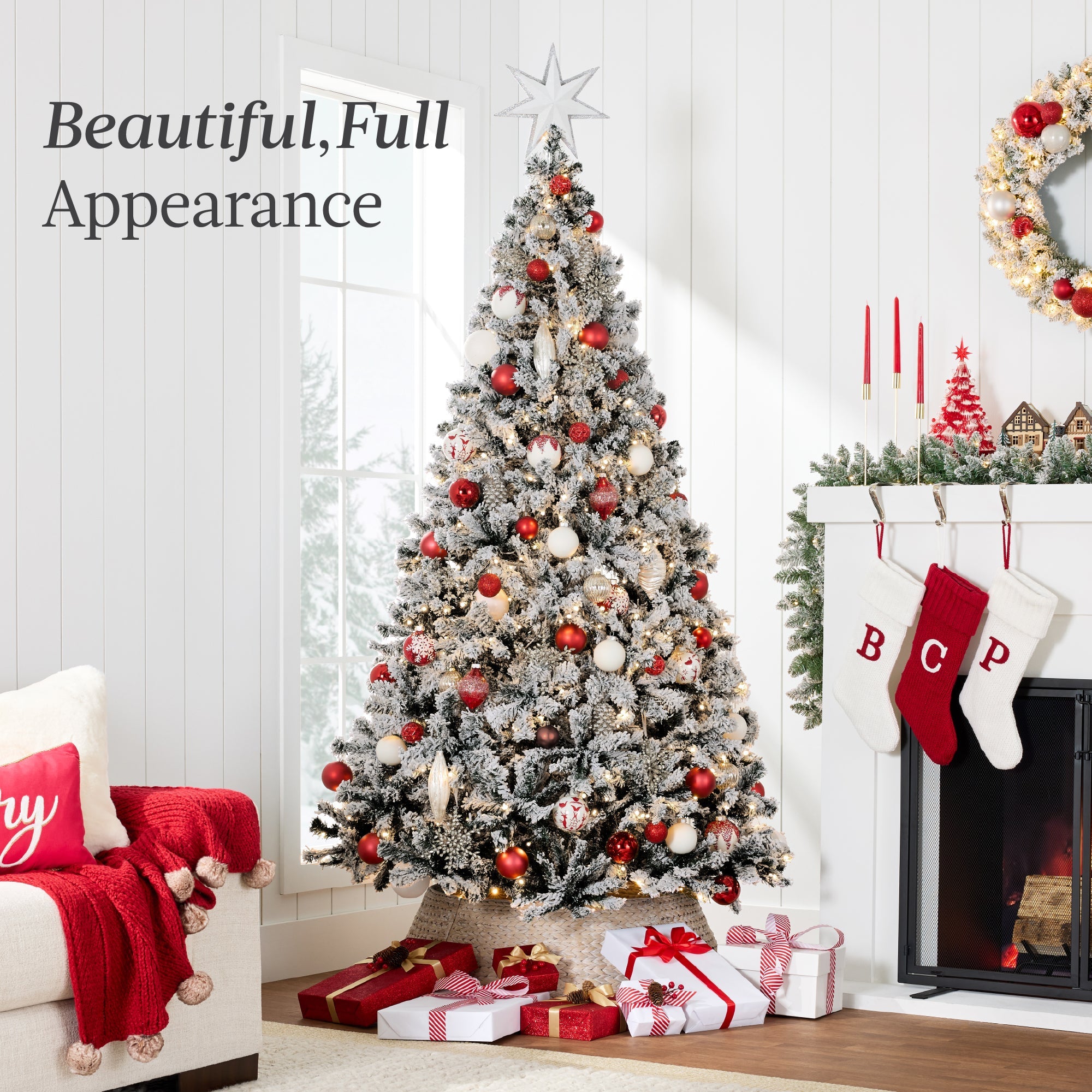 Pre-Lit Black Flocked Artificial Pine Christmas Tree w/ White Lights