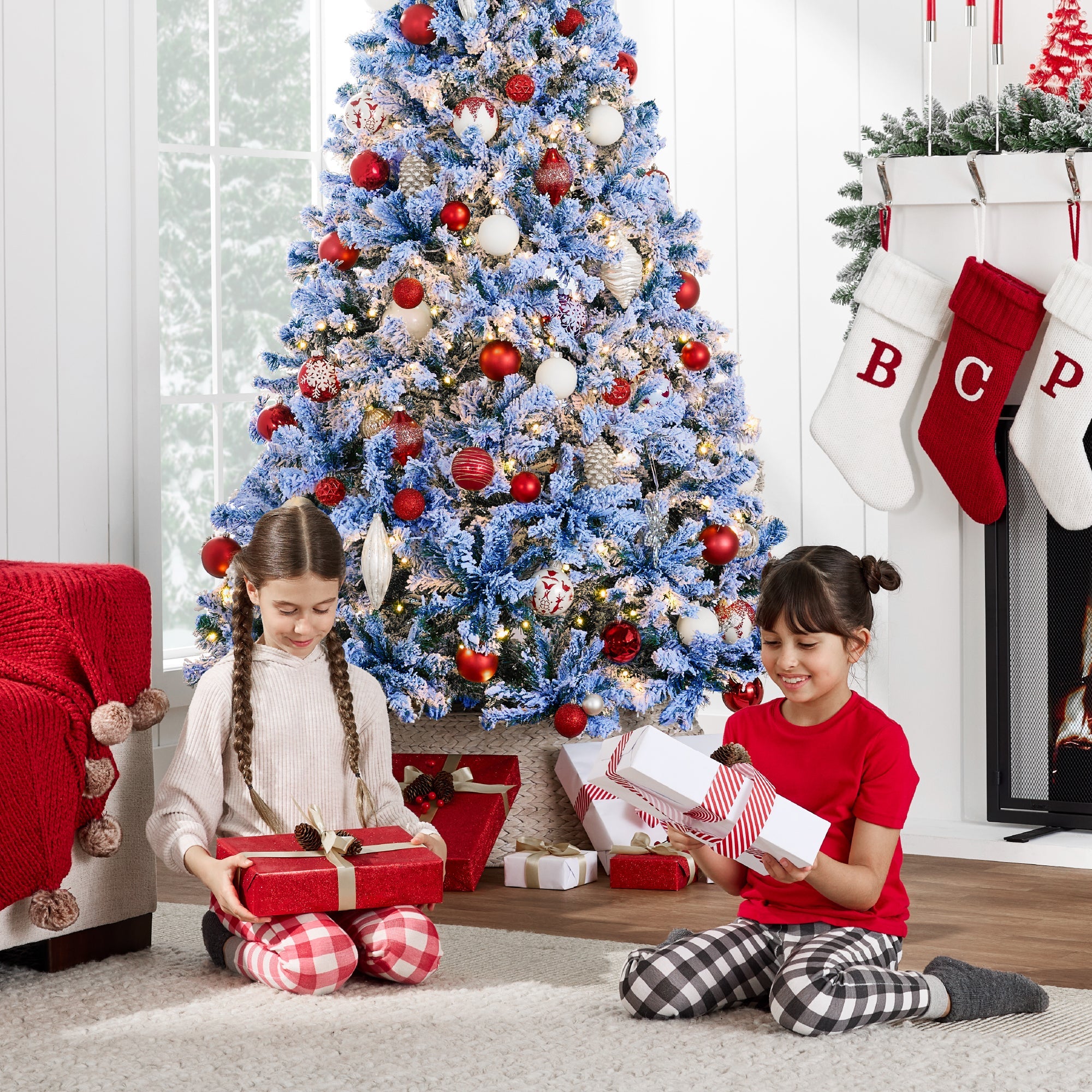 Pre-Lit Blue Flocked Artificial Pine Christmas Tree w/ White Lights