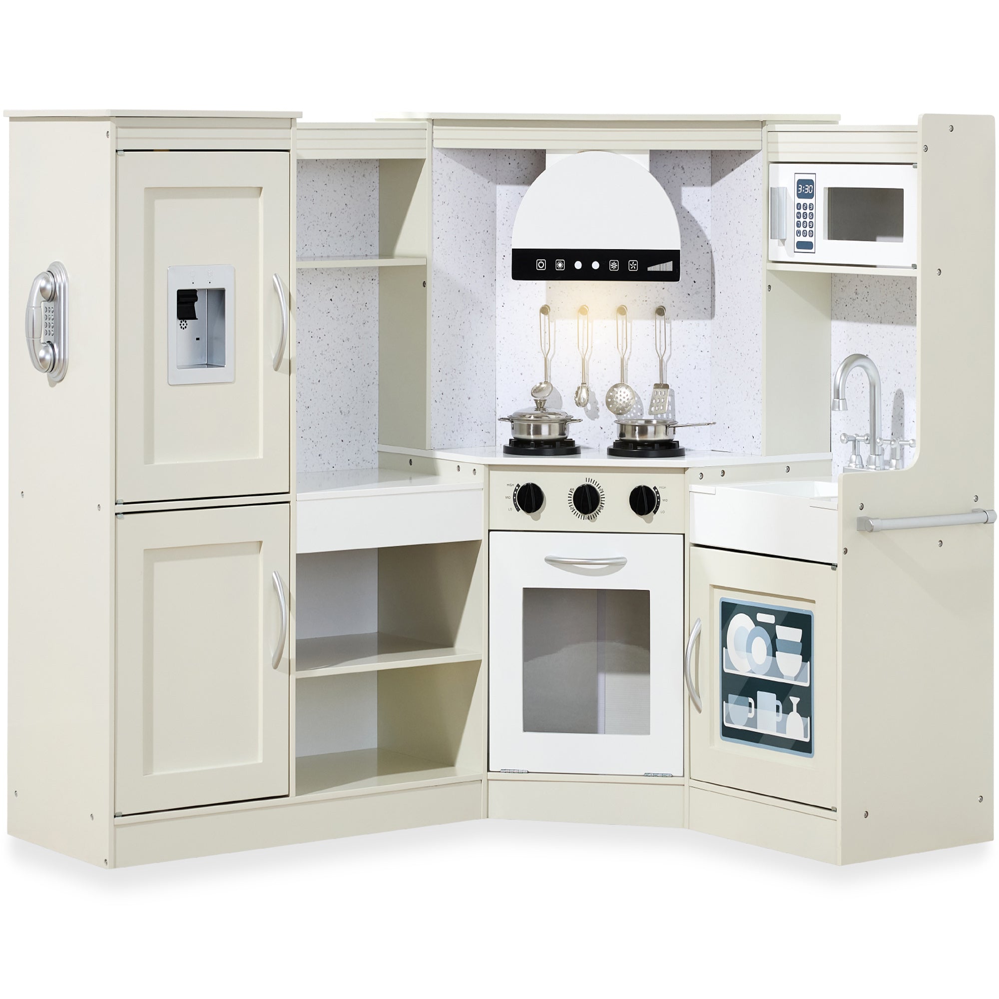 Pretend Play Corner Kitchen Wooden Toy Set for Kids w/ Lights, Sounds