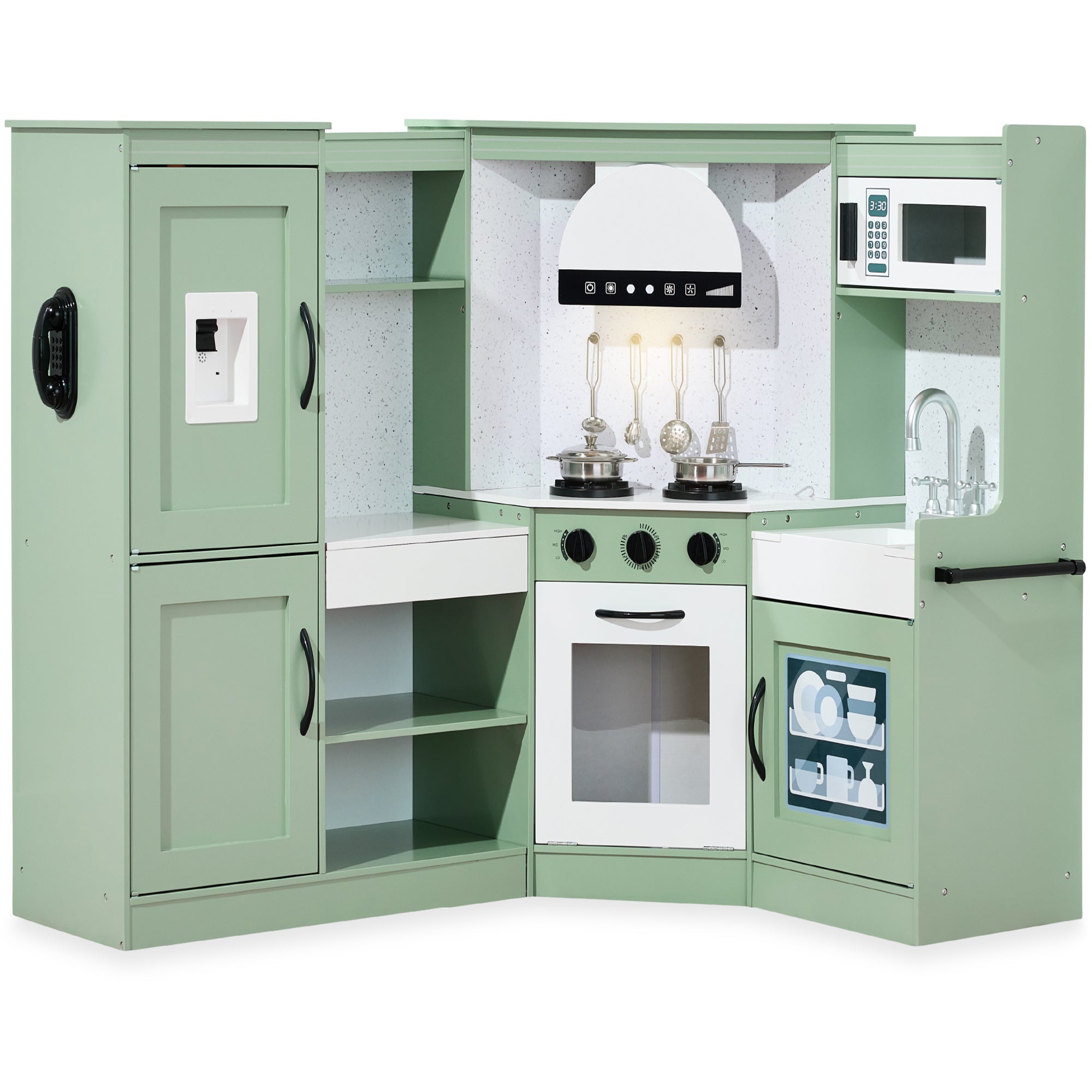 Pretend Play Corner Kitchen Wooden Toy Set for Kids w/ Lights, Sounds
