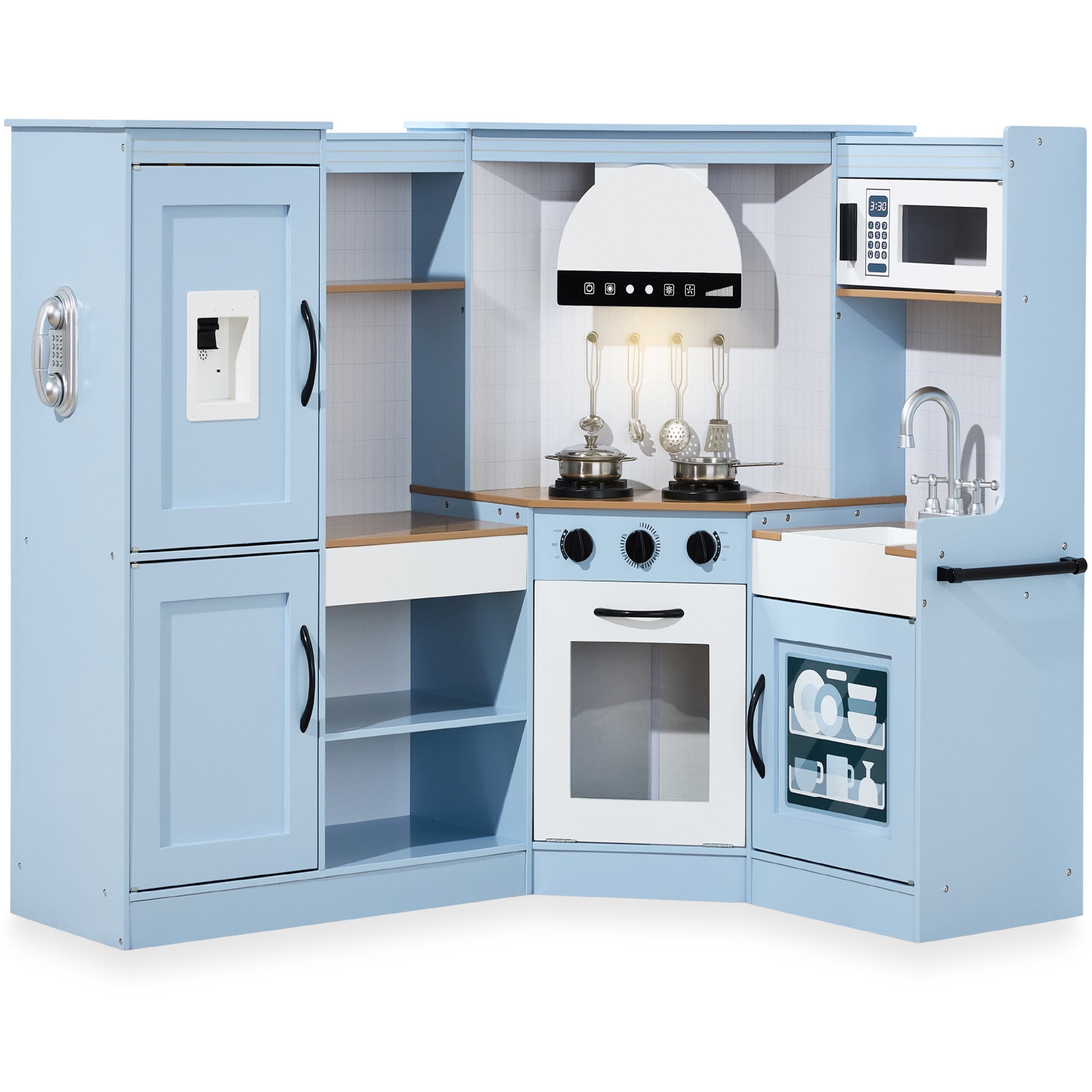 Pretend Play Corner Kitchen Wooden Toy Set for Kids w/ Lights, Sounds