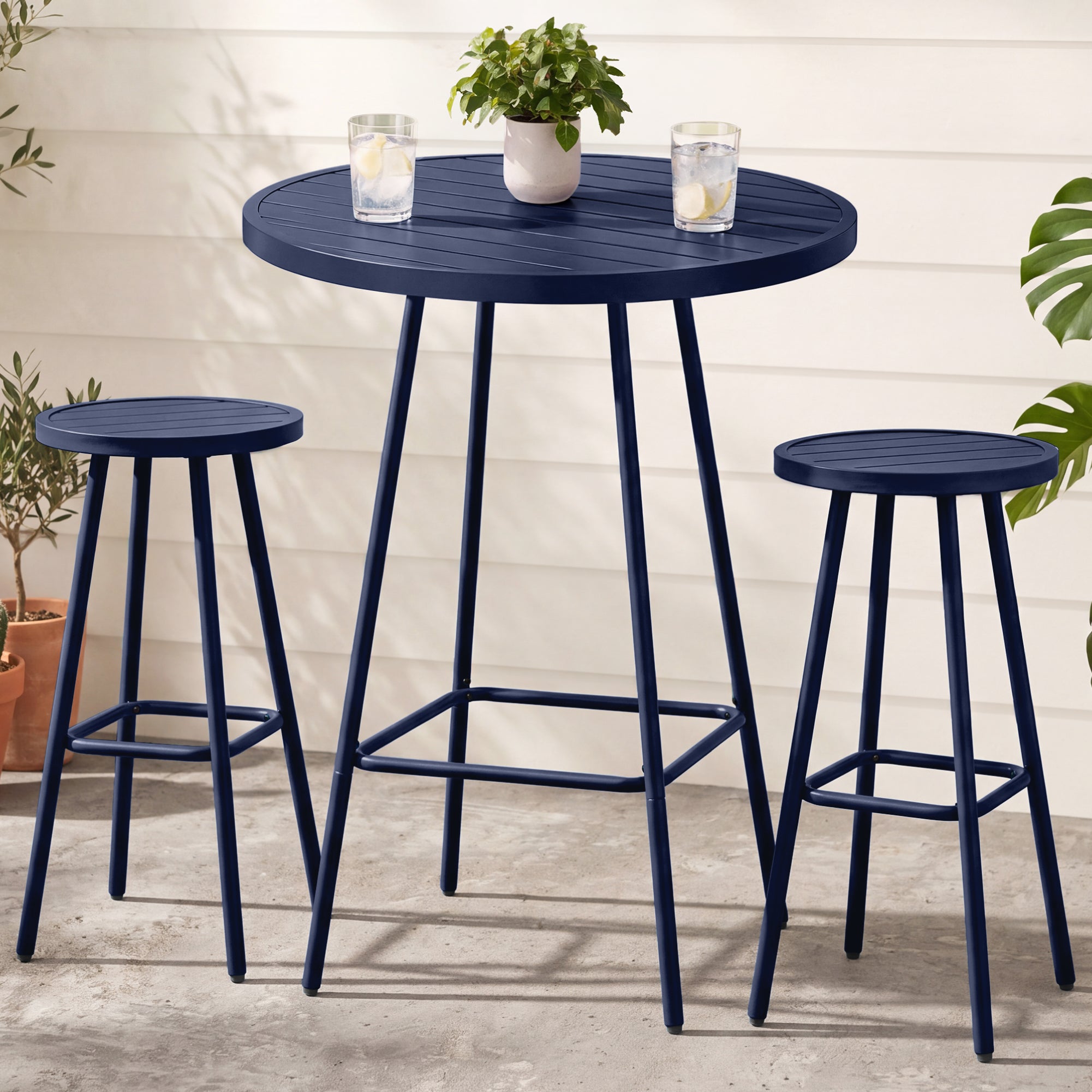 3-Piece Patio Bar Height Bistro Set w/ Backless Stools, Slatted Design