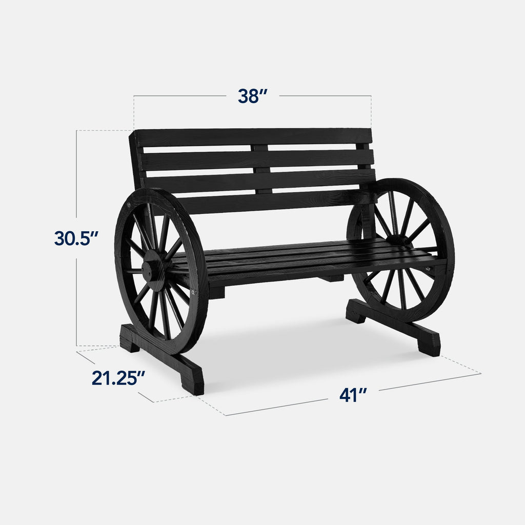 2-Person Rustic Wooden Wagon Wheel Bench w/ Slatted Seat and Backrest