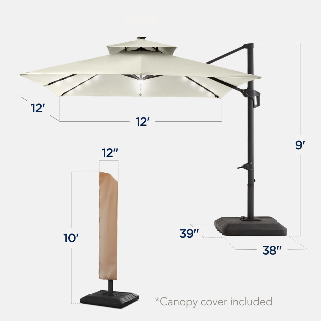 12x12ft 2-Tier Outdoor Solar LED Cantilever Patio Umbrella